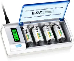【在庫処分】EBL 単2電池 充電式 充電器付き 単二電池充電式4本 充電器セット LCD充電器＋ 単1/単2/単3/単4/9Vニッケル水素/ニカドに対応 Cセル5000MAHバッテリー リフレッシュ充電器 単一 単二 単三 単四電池の充電