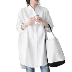 ホワイト_L [ADKASS] シャツワンピース ロングシャツ レディース 大きいサイズ 白シャツ ナチュラル 膝下丈 着回し力 無地 長袖 体型カバー トップス ゆったり カジュアル 春 秋 オフィス 大きい