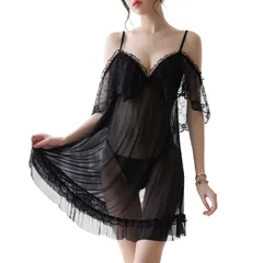 セクシーランジェリー レース レディース 過激 ベビードール おしゃれにセクシー シースルー オフショルダー 魅惑のV字ネック 可愛らしいフリル裾