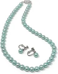 K&R パールネックレス 8mm珠 日本製 冠婚葬祭 結婚式 カジュアル 2点セット( 水浅葱,  42Cm イヤリング)