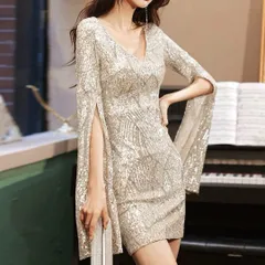 スパンコールがゴージャスな長袖のVネック ミニ ドレス?.?