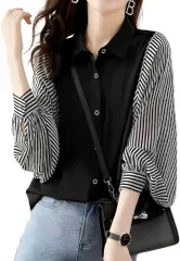 Four leaf お洒落 着痩せ ストライプ トップス ブラウス シャツ レディース ボリューム袖 切替え 襟付き ゆったり きれいめ カジュアル 服 長袖 大きいサイズ バルーン袖 縦縞(ブラック,  M)