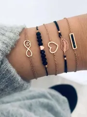 ジュエリー レディース ブレスレット セット 5個セット ヴィンテージゴールドメタルチェーン、ブラック幾何学模様スクエア、馬蹄形、クリスタルビーズ、葉チャーム ブレスレットセット (水に濡らさないでください)