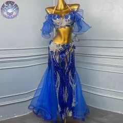 新品 未使用 ベリーダンス オリエンタル衣装 刺繍 ブラ スカート オーダーメイド ステージ衣装 紺色