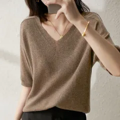 ☆ ブラウン ☆ XLサイズ ☆ サマーニット 半袖 Tシャツ サマーニット 半袖 レディース ハイゲージニット サマーセーター Tシャツ カットソー ニット トップス おしゃれ オシャレ Vネック リブ編み 涼しい 柔らかい シンプル 無地 上品 きれいめ