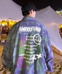 送料無料 アウトレット 廃盤処分品 ネイビー×グリーン/Lサイズ バックプリントインパクト抜染加工チェック柄長袖シャツ(CG-AB2524) メンズ チェック 春 秋 マニッシュ  パシャ売り S-S