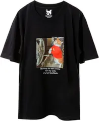 Four leaf TEE 猫 tシャツ おもしろ メンズ 半袖 面白い ビッグシルエット ティーシャツ ネコ ネタ プリント 猫柄 綿100 オリジナル 大きいサイズ カジュアル スパナ(ブラック,  M)
