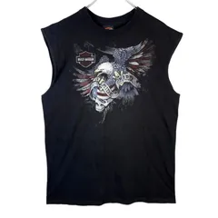 00sハーレーダビッドソンHarley DavidsonタンクトップノースリーブシャツランニングシャツBIKEバイクmotorcycleモーターサイクル両面プリント星条旗アメリカ国旗ブラックフェード黒vintageヴィンテージ50108