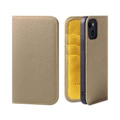 【人気商品】マグネットなし ギフト シュリンクカーフレザー グレージュ 付き コードホルダー スタンド + スマホ スマホケース イエロー 本革 手帳型 ケース PH-13-Grege-YL iPhone13 HANATORA