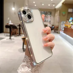 iPhone 13 Proケース 6.1インチ 対応 可愛い キラキラ ラインストーン 背面全透明 薄型 カメラ保護 ソフトケース シンプル 韓国 人気 アイフォン13プロケース かわいい シリコン 純正 携帯カバー おしゃれ レンズ保護 スマホケース 銀 1
