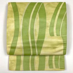リユース帯 袋帯 黄緑 浅緑 カジュアル うるし箔蝶 抽象柄 六通 未洗い MS1441