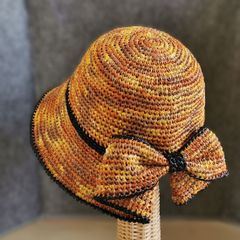 サマーハット：春夏用・リボン《オレンジミックス×ブラック》ハンドメイド