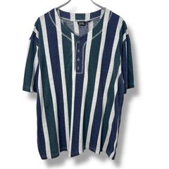 90s STEFANO MAN Henry Neck Stripe T-Shirt 【XL】 90年代 ヘンリーネック ストライプ Tシャツ 珍品 古着 ビンテージ ヴィンテージ 半袖