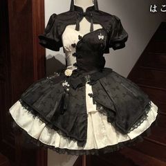 【美品・未使用新品】黒　ブラック　チャイナ風 ロリータ ワンピース  パープル×ホワイト レース付き 量産型 地雷系 清楚 かわいい ドーリーコーデ ゴスロリ　ロリィタ　界隈　推し活　オタ活　ぴえん系女子　ドレス　コンカフェ　コスプレ　パステル　双子コーデ