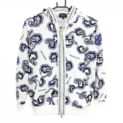 【美品】パーリーゲイツ ジップパーカー 白×ブルー 総柄 ジップロゴ ブルゾン  レディース 0(S) ゴルフウェア PEARLY GATES