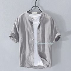 【送料無料】リネンシャツ メンズ 半袖 無地 バンドカラー ノーカラー シャツ トップス 通気 カジュアル シンプル 夏 サマー【新作登場】ZZ520