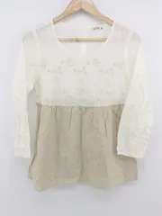 ◇ Samansa Mos2 刺繍 リネン混 切替 長袖 ブラウス カットソー サイズM アイボリー系 ベージュ レディース P  【1212280000888】