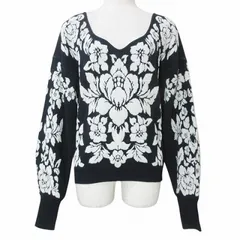 エスカーダ ESCADA ジャガード 長袖 ニット セーター 厚手 花柄 ハートシェイプドネック M 紺 白 IBO70 X