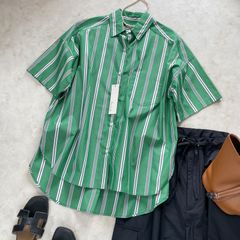 新品！シードレイク五分袖ストライプシャツ緑グリーンストライプコットンシャツ