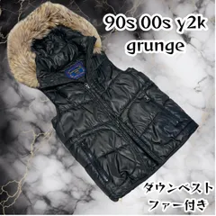 y2k 00s 90s ベストダウン ファーベスト ジャケット 平成ギャル ギャル男  ダウンフェアリー グランジ  光沢 カーキ マルイ系 短丈 肉厚 極暖 グランジ ギミック ファー