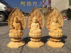 【修縁堂】極上品 木彫仏像阿弥陀三尊座像 彫刻 一刀彫 天然木檜材 仏師で仕上げ