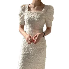 [Takusan Shopping] タイトドレス スクエアネック レディース ワンピース フェザードレス パフスリーブワンピース 結婚式 キャバ嬢 ドレス (JP, アルファベット, L, ホワイト) [ホワイト] [L]