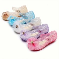 女の子向けのおしゃれで可愛いゼリーカラーのリボンサンダル　プリンセス　パーティー　結婚式　通気性の良い軽量ドレスシューズ　春と夏に最適