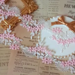 ホワイト×ライトピンク  お花モチーフレース 小花ケミカルレース