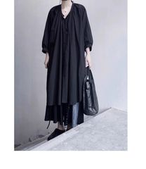 LOHEN バンドカラー ロングシャツワンピース ブラック 春夏 洗える
