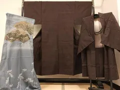 平和屋着物●男性　紬　アンサンブル　長襦袢(無双仕立て)セット　黒鳶色　正絹　逸品　AAAY8994ph