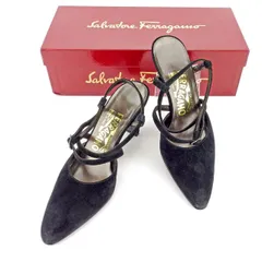 【最大30％OFF】サルヴァトーレ フェラガモ パンプス シューズ 靴 ♯4ハーフC ポインテッドトゥ クロスデザイン ブラック スエード Salvatore Ferragamo C4181
