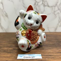 【九谷焼】3.8号 鯛招き猫 三毛盛 右手 縁起物 置物 金運招福 めでたい Maneki Neko Lucky Cat Kutani Ware