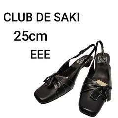 パンプス レディース 黒  25cm  EEE   クラブ ﾃﾞサキ  CLUB DE SAKI    本革  レザー  リボン  スクエアトゥ  バックストラップ