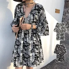 ボタニカル柄チュニック レディース 10代 20代 30代 韓国ファッション カジュアル トップス 春 夏 秋 おしゃれ リボン 花 ワンピース