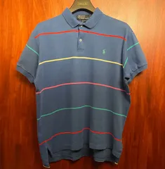 レア MADE IN USA製 Polo by Ralph Lauren ボーダー柄 半袖ニットポロシャツ ブルー Mサイズ