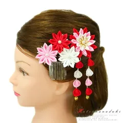 七五三 髪飾り 三歳 七歳 日本髪 つまみ細工 赤 花 2点セット ピンク 白 ちりめん 下がり 藤 鈴付き ビラ簪 パール ピン ぱっち No.12-0122