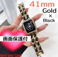 41mm ゴールドブラック　画面保護付き　アップルウォッチ　カバー　キラキラ　ケース　チェーンベルト　バンド　セット　レザー