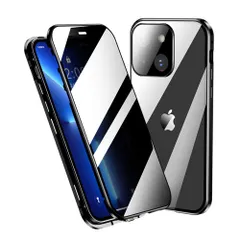 KMXDD ロック付き 覗き見防止 iPhone 15 ケース フルカバー カメラ保護 全面カバー ロック式 アルミバンパー マグネット式 アイフォン15 ガラスケース 両面ケース 360度 全面保護 (iPhone15, 黒)