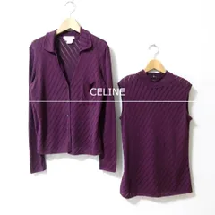 美品 CELINE セリーヌ アンサンブル ニット カットソー×カーディガン モックネック ノースリーブ 長袖 斜めストライプ レーヨン×ナイロン パープル サイズ38 レディースのサムネイル