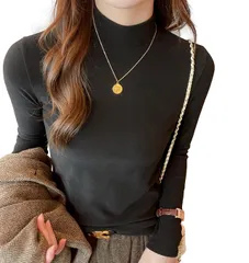 [レリカ] シンプル カジュアル 長袖 無地 ロンｔ ロング Tシャツ 丸首 カットソー インナー 重ね着 トップス レディース (JP, アルファベット, L, Regular, ブラック) [ブラック] [L Regular]