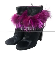 フェンディ FENDI ショートブーツ ブーティ ハラコ フェザー ラウンドトゥ ハイヒール チャンキーヒール バックファスナー ブラック サイズ36.5 約23.5cm レディース 美品