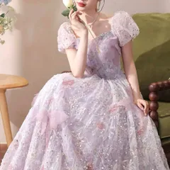 お花に蝶のデザインがオシャレでゴージャスな半袖 ロングドレス