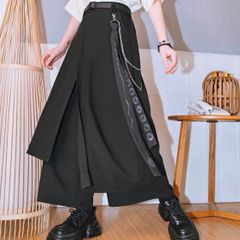 和風モードパンツ　黒 ロング丈 プリーツ入り ユニセックス パンク系 ストリート カジュアル 個性派 原宿系 着物風 ガウチョ　アシンメトリー　ズボン　ブラック　サブカル　ファッション　原宿　渋谷　モード
