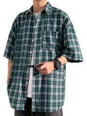 Color:862-グリーン_Size:2XL [Bligo] 五分袖 シャツ メンズ 夏服 カジュアル 柔らかい ファッション 韓国風 チェックシャツ 前開き 胸ポケット 大きいサイズ 厚手 オックスフォード ボタンダウン 快適 涼しい 冷感 速乾性 通気性