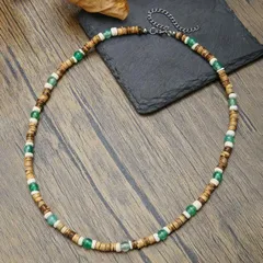 ユニセックスネックレスボヘミアンウッドビーズグリーンビーズネックレス