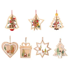 【特価セール】オーナメント3D 立体 クリスマスツリー クリスマス クリスマス 飾り 雪だるま 紐付き サンタクロース ハート ベル 星 鹿 木材チップ 雪の結晶 スライス 7個セット ペンダント 木製 (A) オーナメント