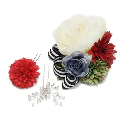 髪飾り 成人式 赤 振袖 袴 花 3点セット 白 リボン ストライプ パールビーズ ラインストーン ヘアアクセ かんざし 七五三 浴衣 No.9-4802