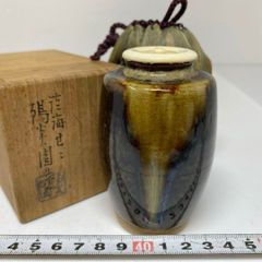 y086 膳所焼 淡海ぜぜ 陽炎園 文琳茶入 共箱 文淋茶入 茶入 茶道具