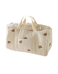 [LIMSE] totto&cot マザーズバッグ 大容量 軽量 コットン キルティング風 刺繍入り ママバッグ かわいい ボストンバッグ レディース ショルダーバッグ トートバッグ 3way 手提げ 出産準備 通園 通学 ヌビバッグ くま (ホワイト)