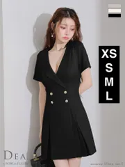 ブラック[DE4207]【DEA. by ROBE de FLEURS/ディアバイローブドフルール】ツイル/ 襟付き/ Vネック/ ボタン/ 半袖/ ボックスプリーツ/ フレア/ ミニドレス/ キャバドレス/ ワンピース